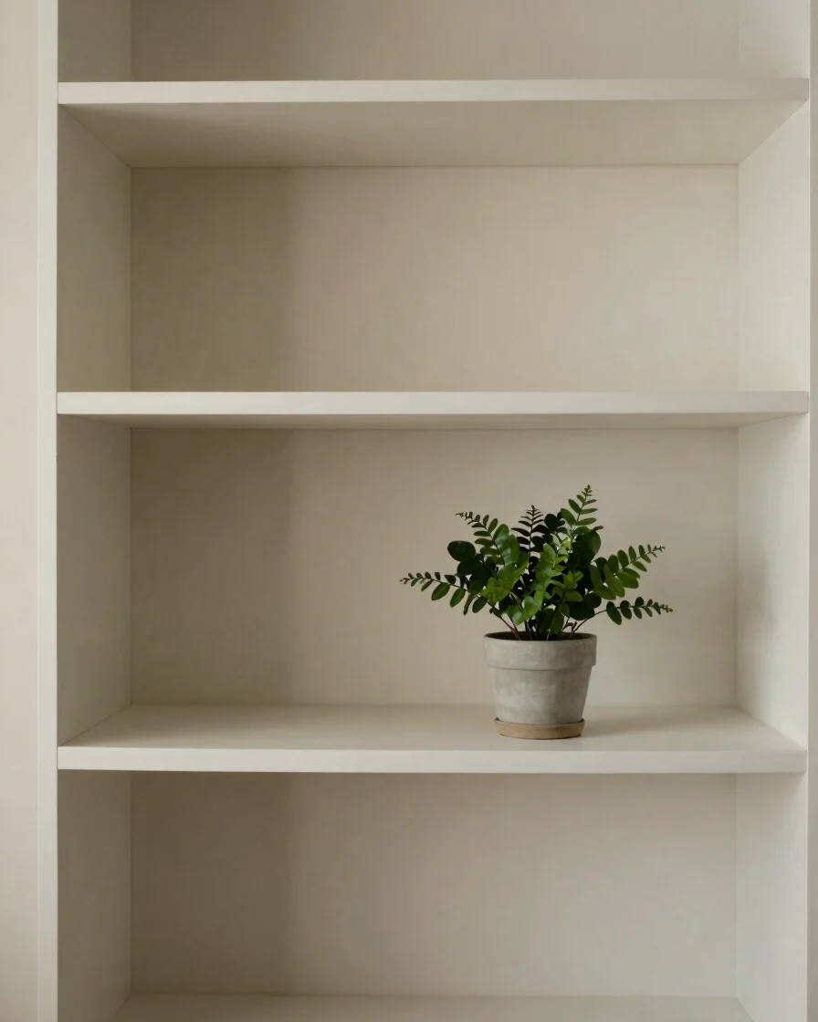 Détail discret d’un intérieur de consultation, plante verte et étagère sobre sous une lumière de fenêtre douce, tons neu