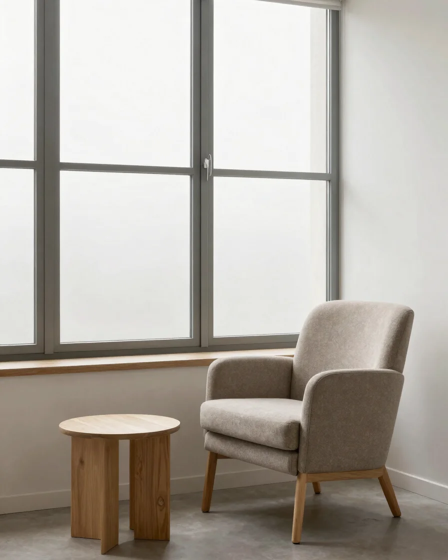Espace de consultation calme et lumineux, fauteuil en tissu neutr